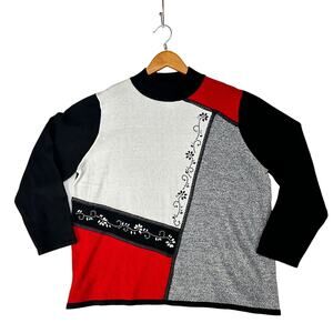 Alfred Dunner Sweater Womens Plus Size 1X Black Red Pullover Mock Turtleneck EUC